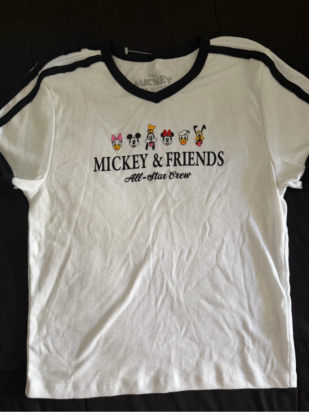 Disney White Tee with Black Trim and Colorful Mickey & Friends Faces